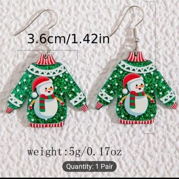 Christmas earrings snowman sweater dangle acrylic new e70 - Picture 2 of 3